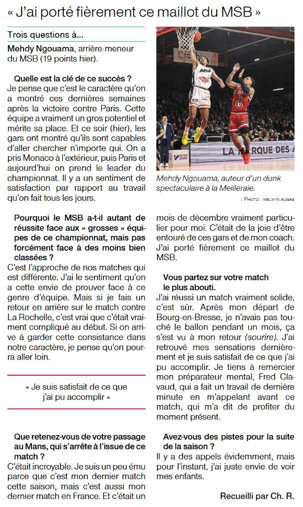 Article Ouest-France, décembre 2024 : remerciement public au préparateur mental après le match
